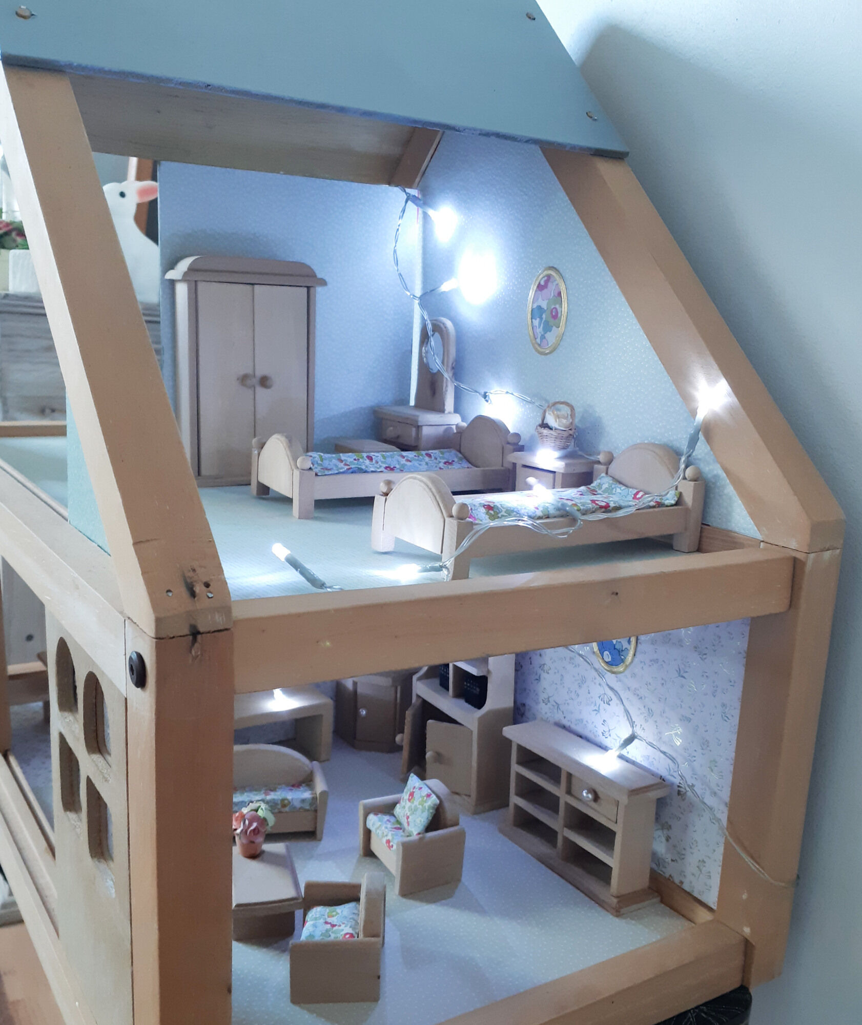 Wooden dollhouse, revamped, furnished, vintage French