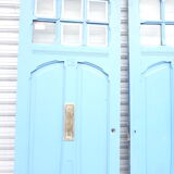 Double front door, fir and windows at the top