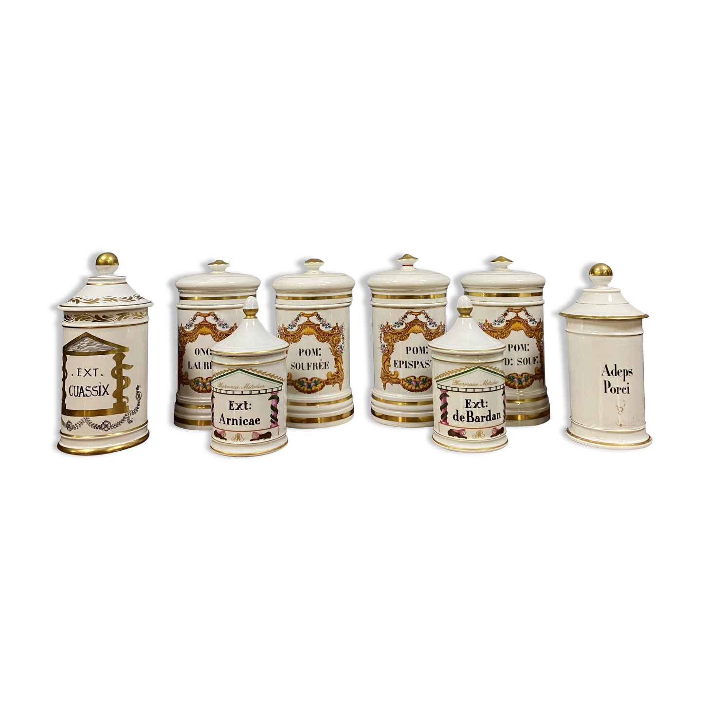 Set of 8 Paris porcelain pharmacy jars with white background with gilding