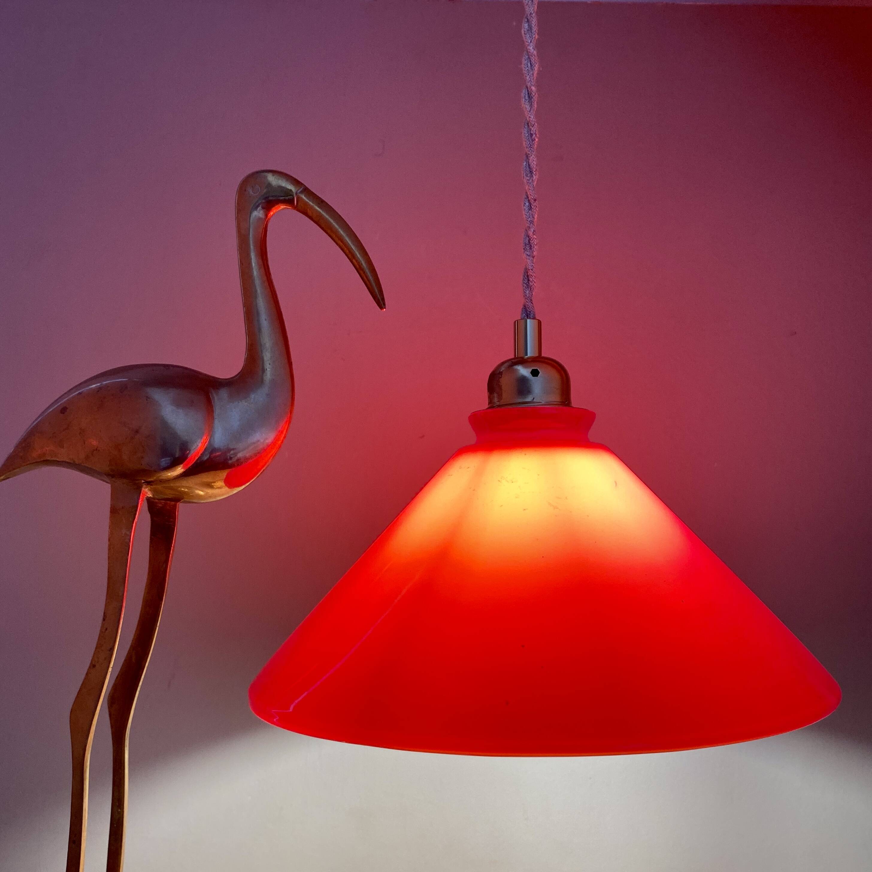Vintage lampshade pendant light in red and white opaline