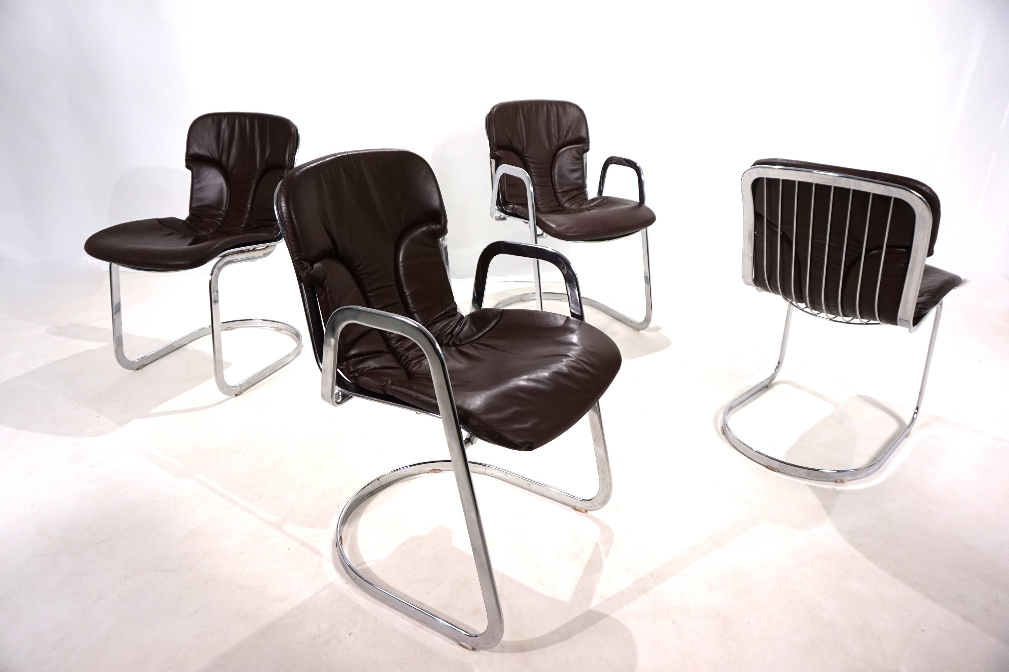 Set of four Cidue leather chrome cantilever chairs by Willy Rizzo, 1970