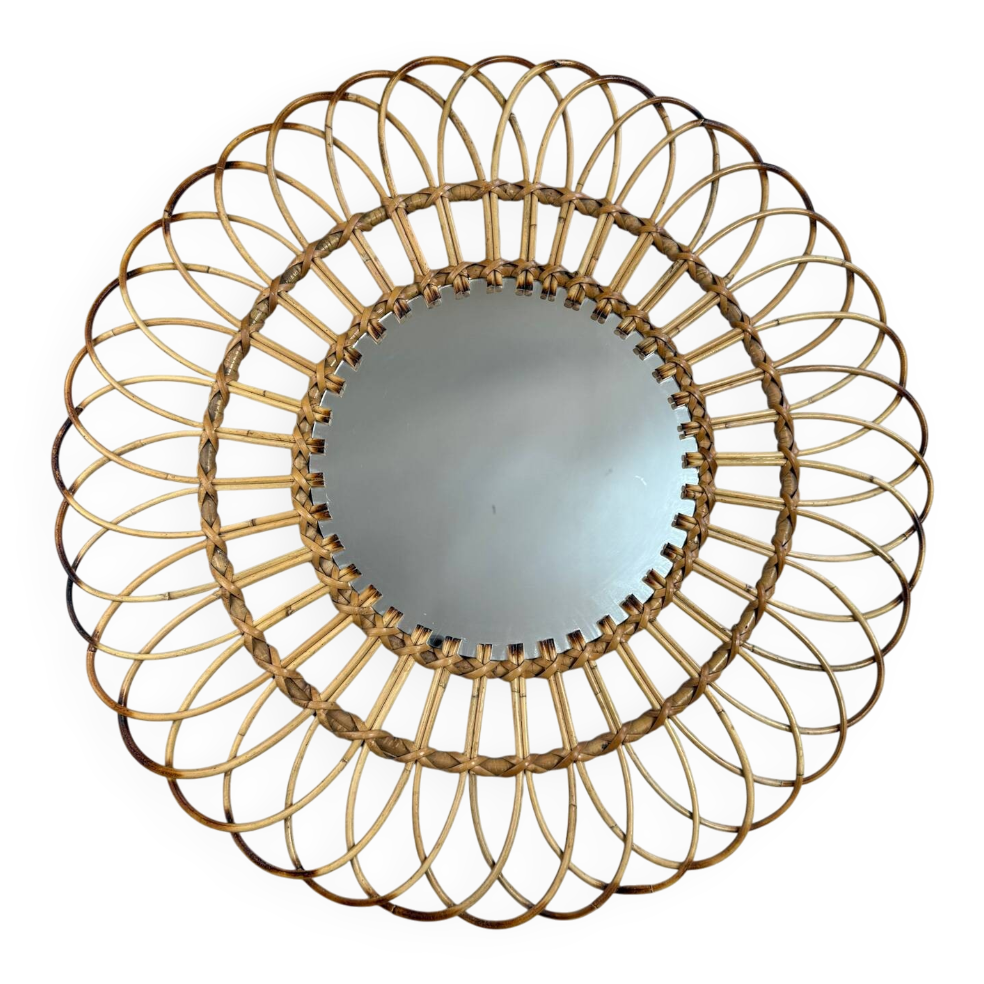 Round Sun Mirror in Rattan from the 1950s Spain Ibiza