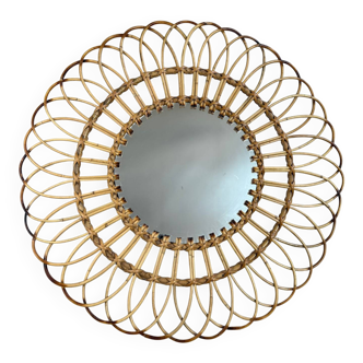 Round Sun Mirror in Rattan from the 1950s Spain Ibiza