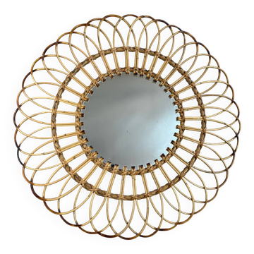 Round Sun Mirror in Rattan from the 1950s Spain Ibiza