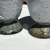 Signed grey-white artisanal stoneware cups and pot