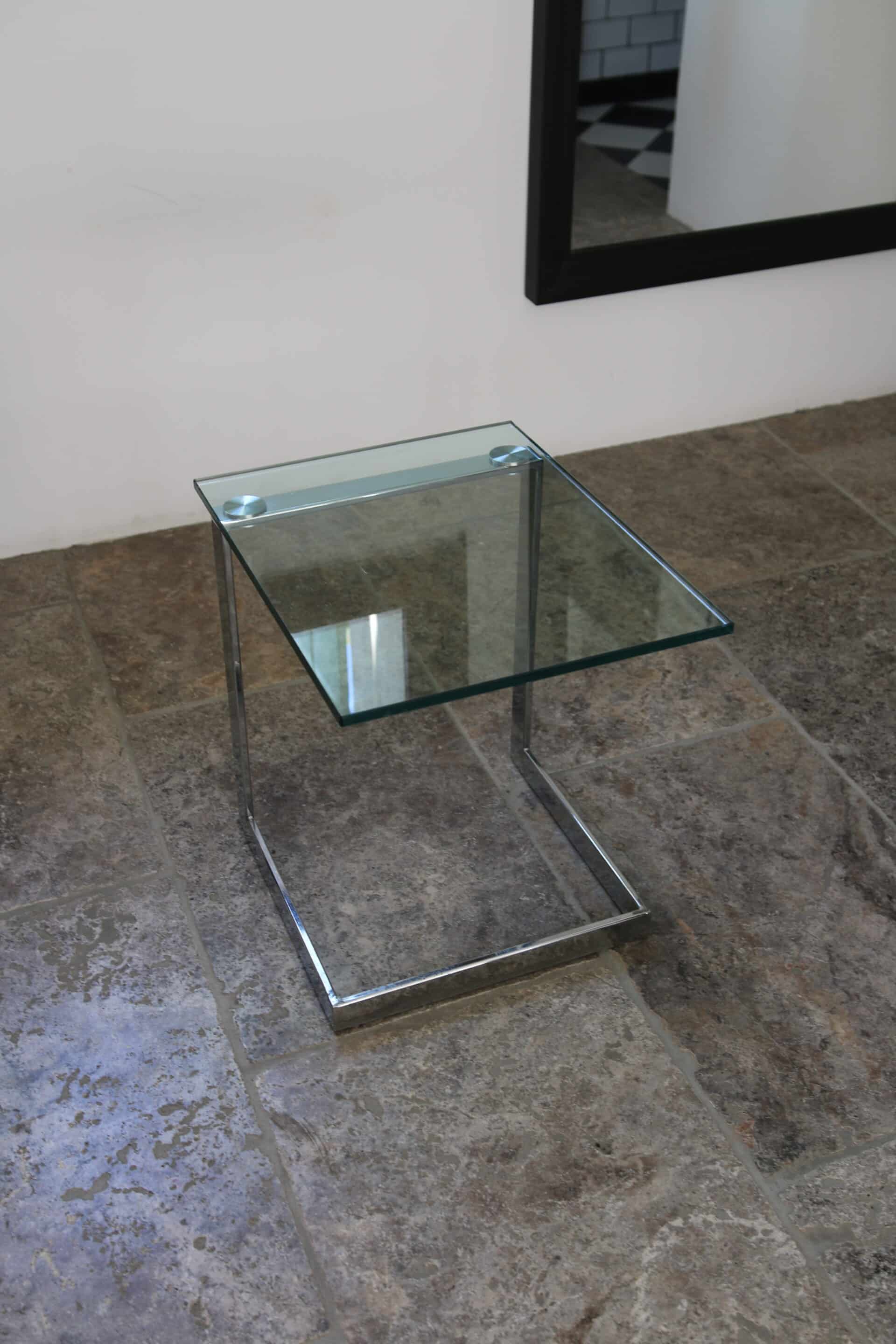 Table d’appoint verre, chrome  « Gebra », années 80, étiquette d'origine