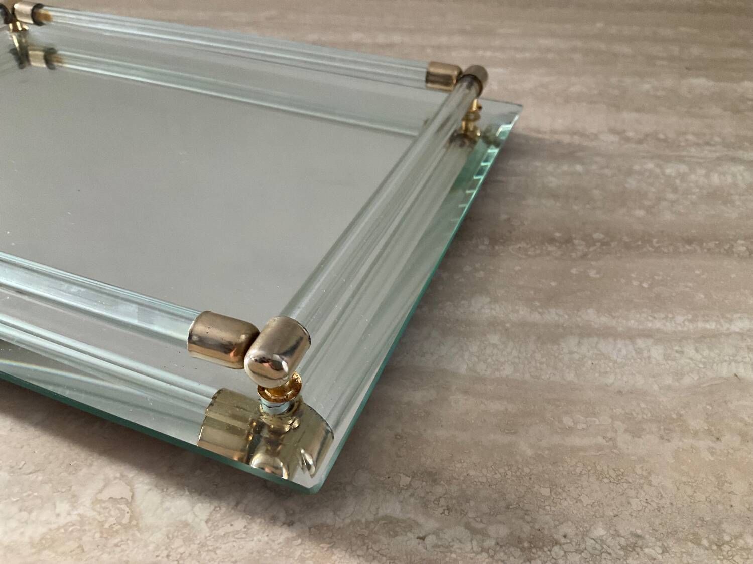 Vintage tray in glass, brass and beveled mirror 70s