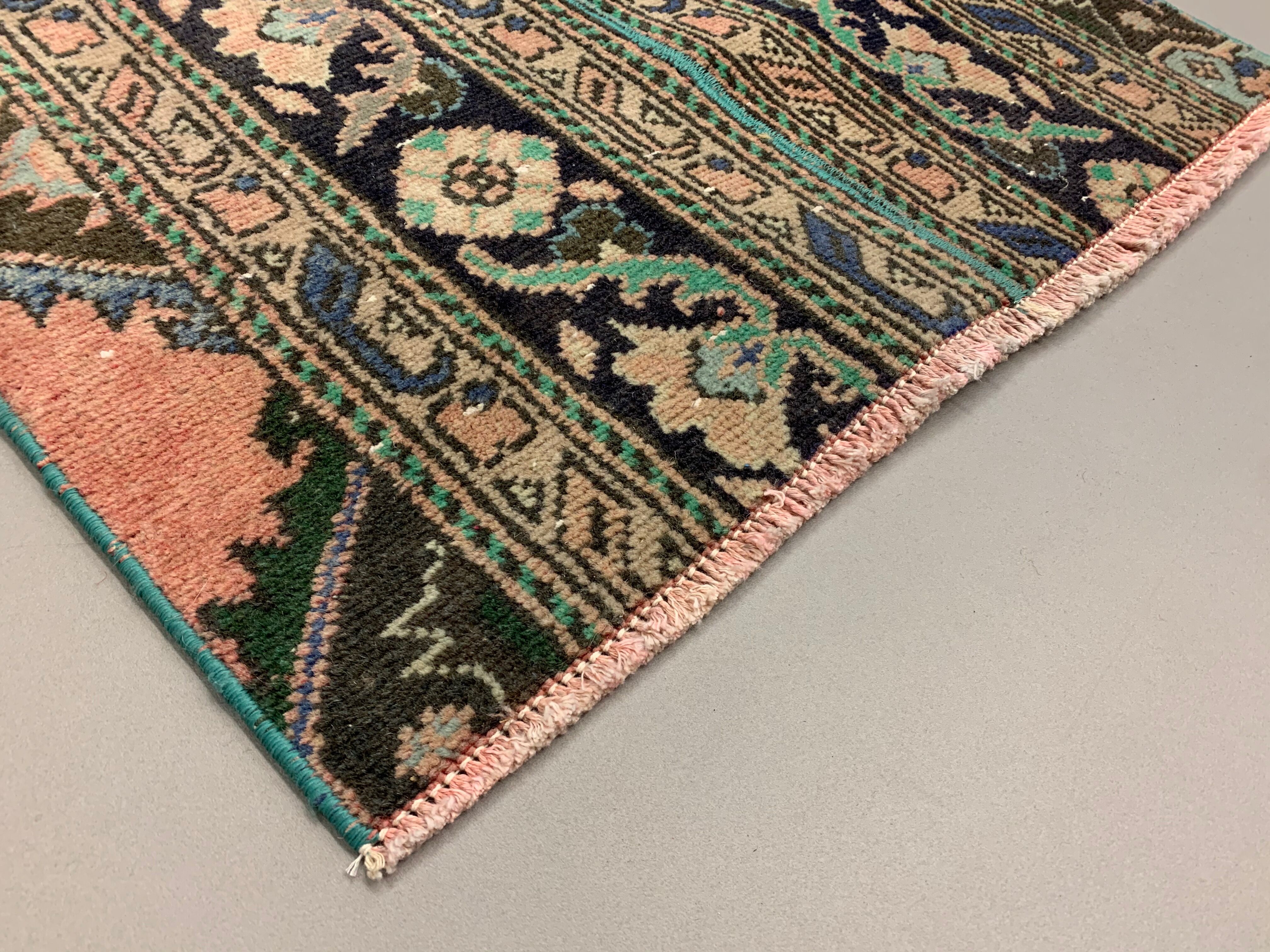 Distressed Turkish Rug 130x67 cm Vintage Shabby, Runner, Green, Brown Small