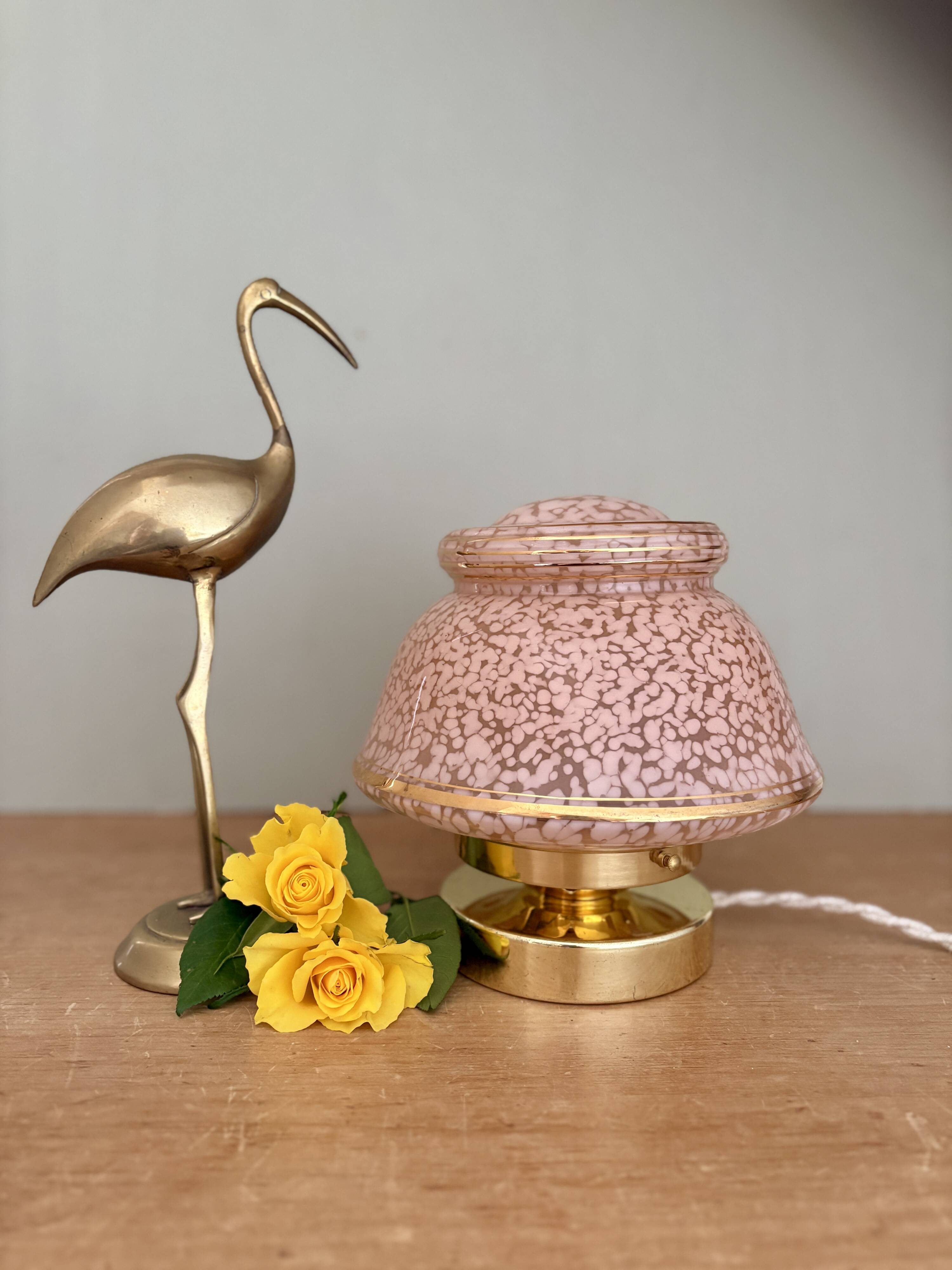 Antique art deco globe table lamp in pink and gold Clichy glass