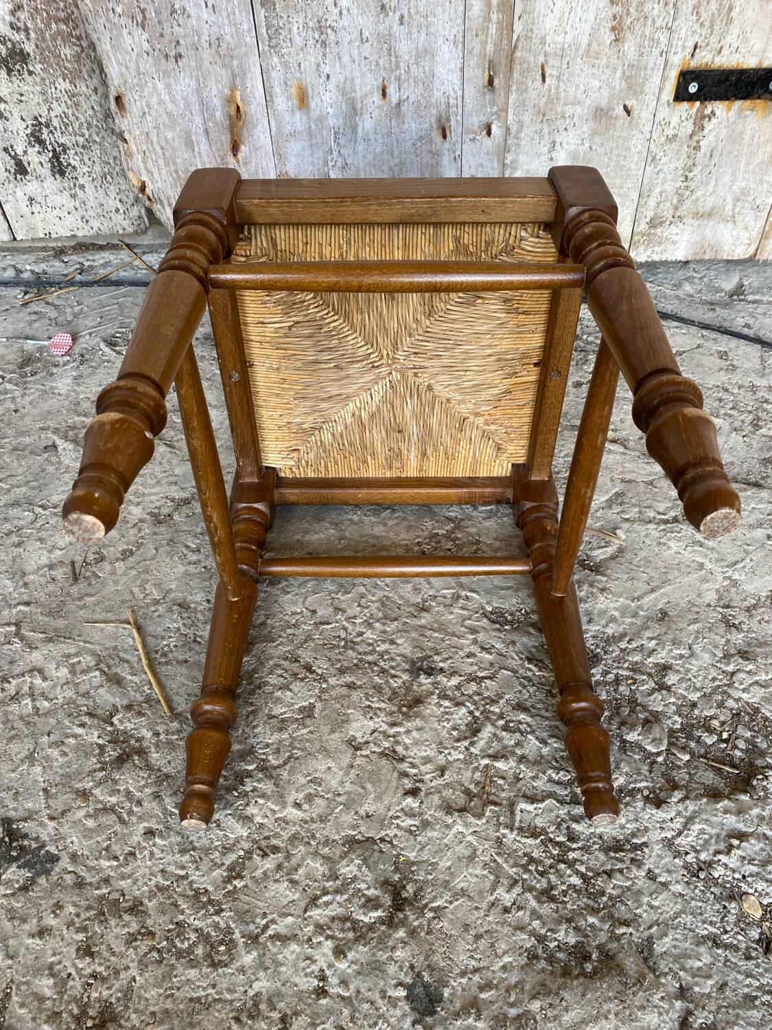 Vintage Turned Wood Stool + Woven Straw Seat #D893