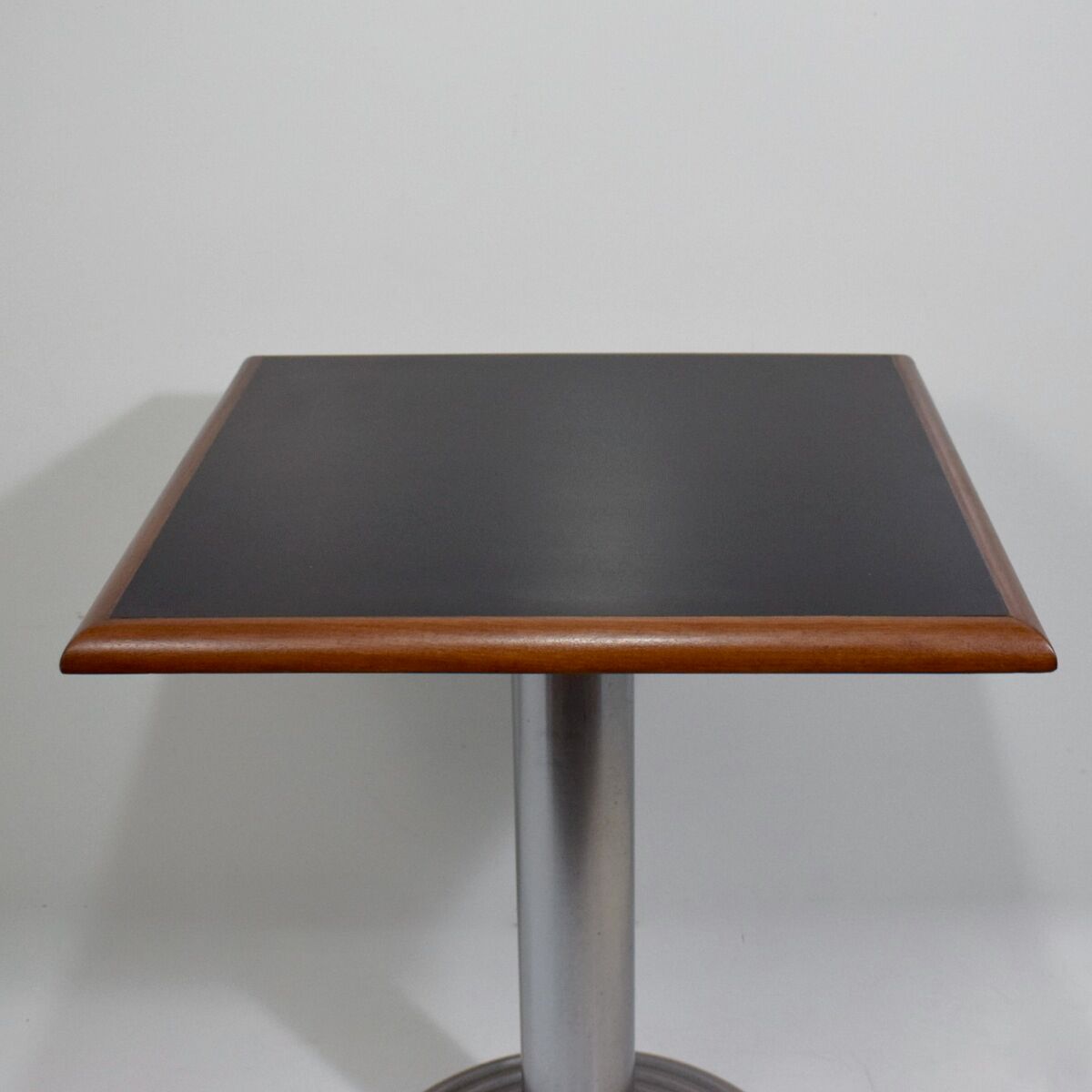 Square bistro dining table, wood, chrome and cast iron