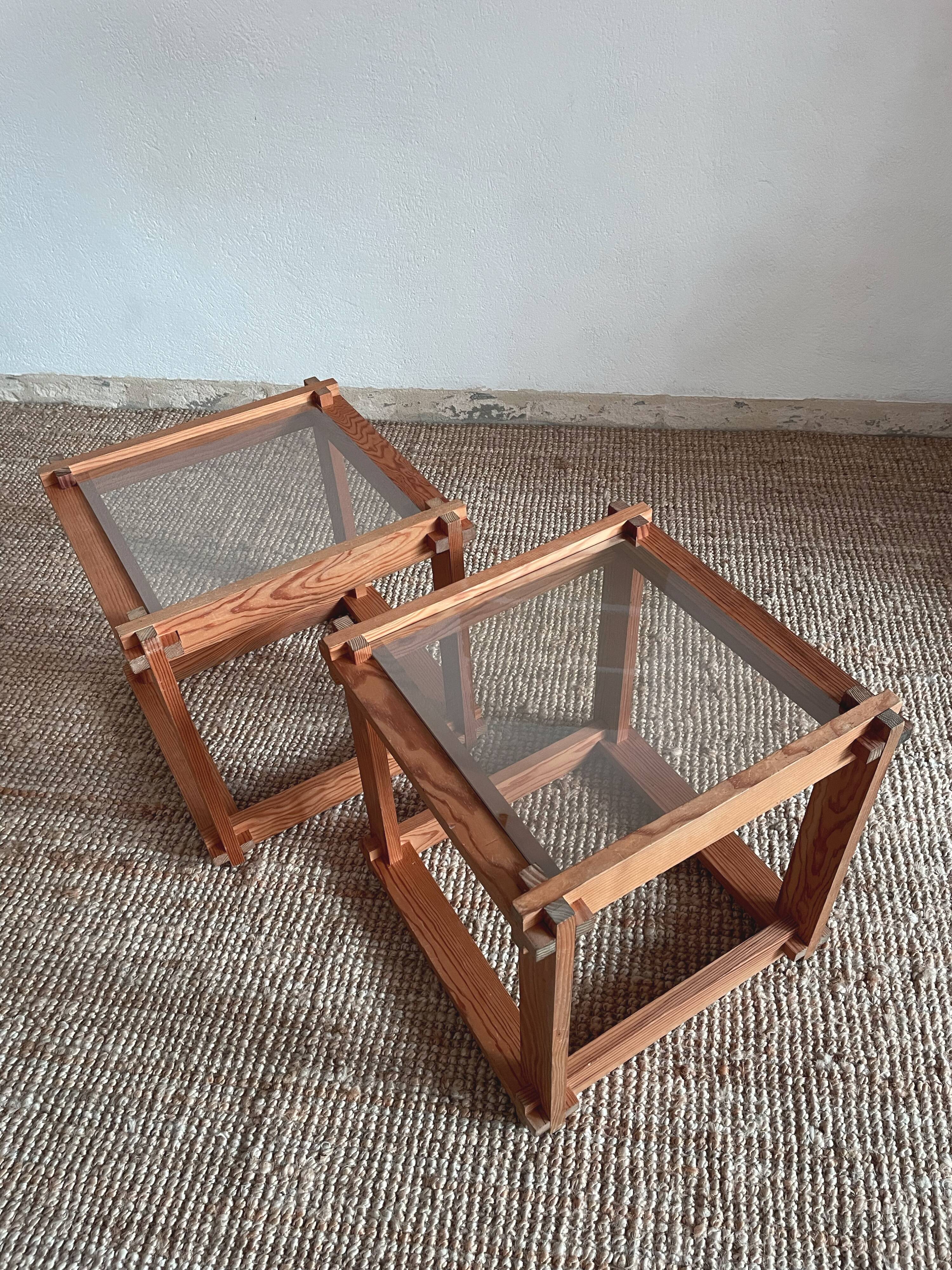 Pair of pine and glass side tables
