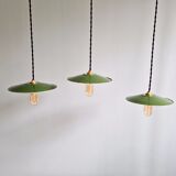 Trio of large industrial suspensions in green enamelled sheet metal.