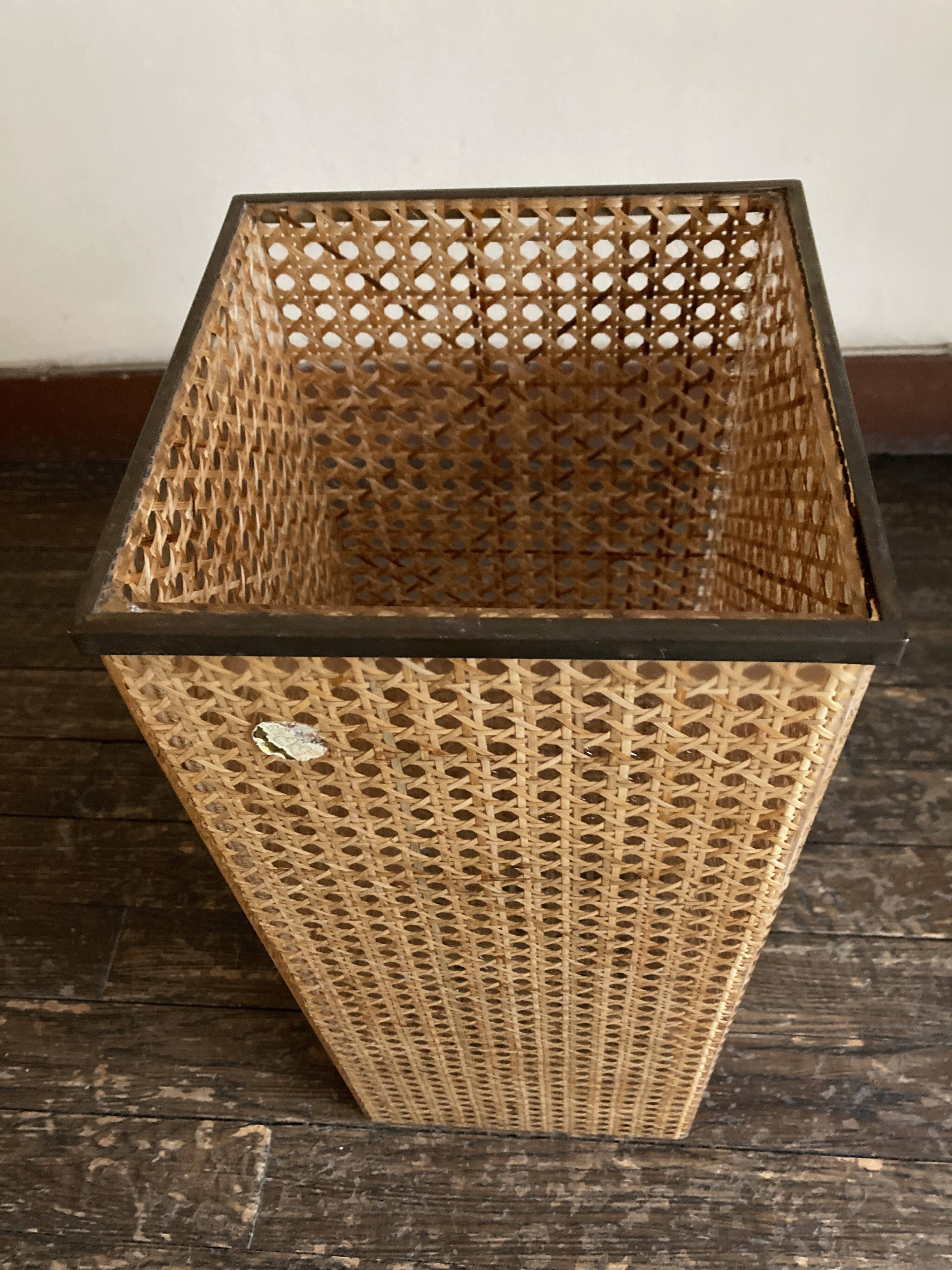 1970 wicker and plexiglass wastebasket