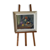 Old painting, oil on wood, still life with wine decanter, fruit cup and bouquet of flowers