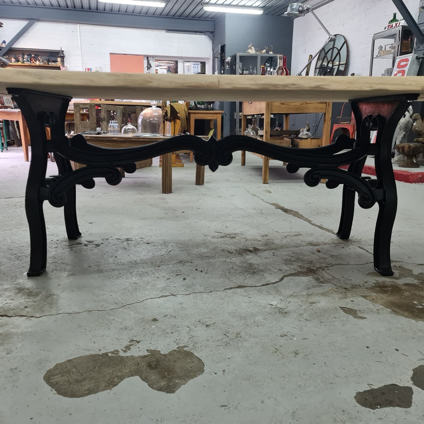 Large industrial table cast iron foot and top solid oak raw