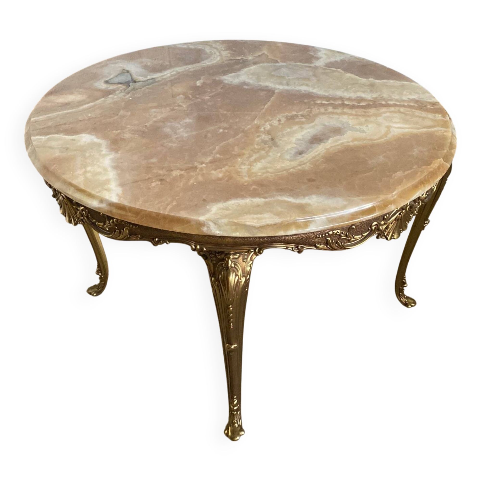 Vintage 1950s round onyx coffee table with brass base