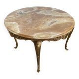 Vintage 1950s round onyx coffee table with brass base