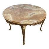 Vintage 1950s round onyx coffee table with brass base