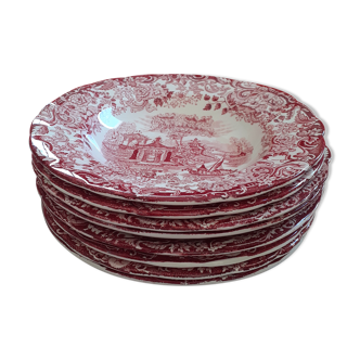 Set de 8 assiettes creuses La cartura de Sevilla blanc motif rouge.