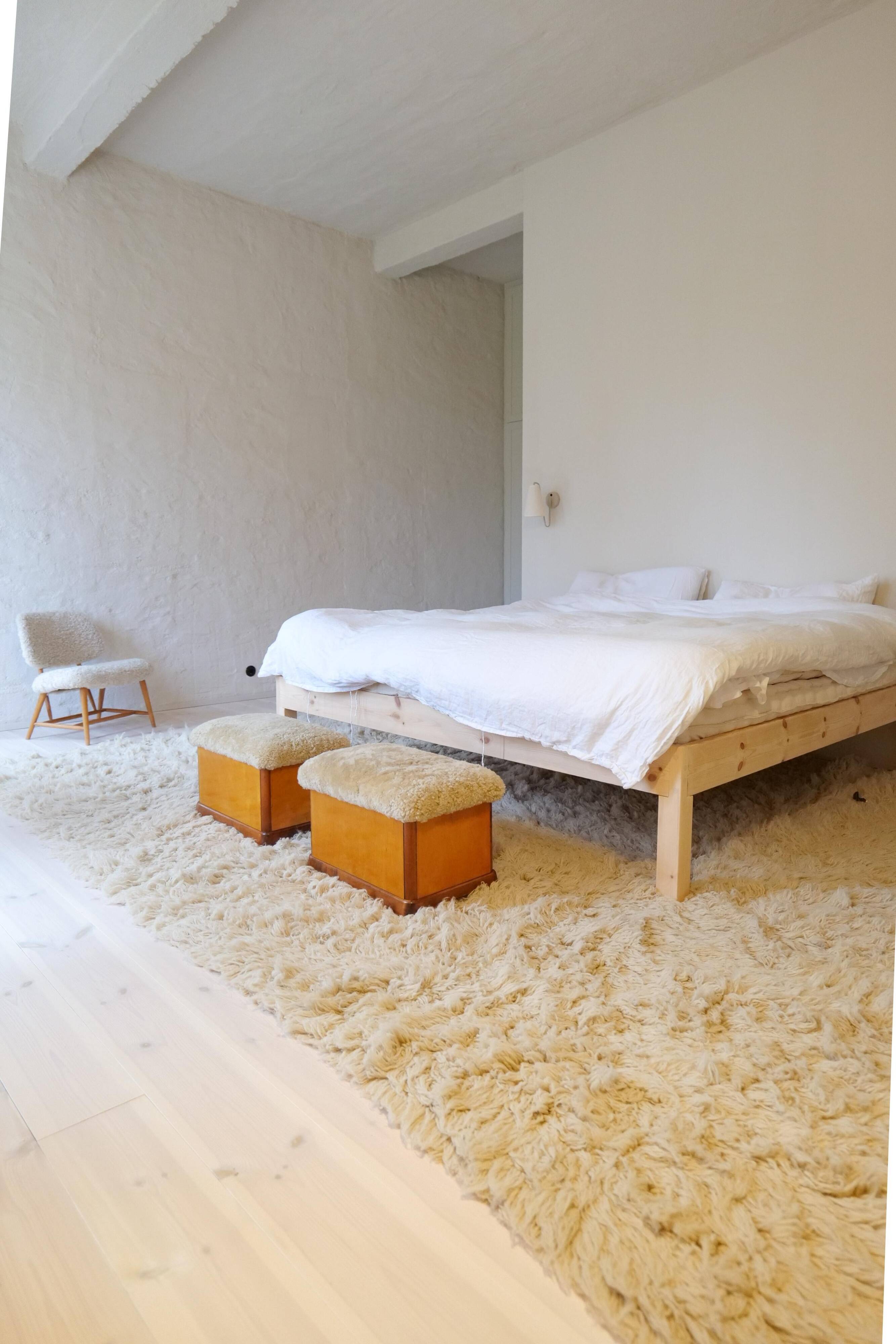 Swedish Art Deco Stools in Lacquered Birch with Sheepskin Seat, 1940s