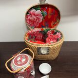 Chinese porcelain tea set in its portable wicker basket