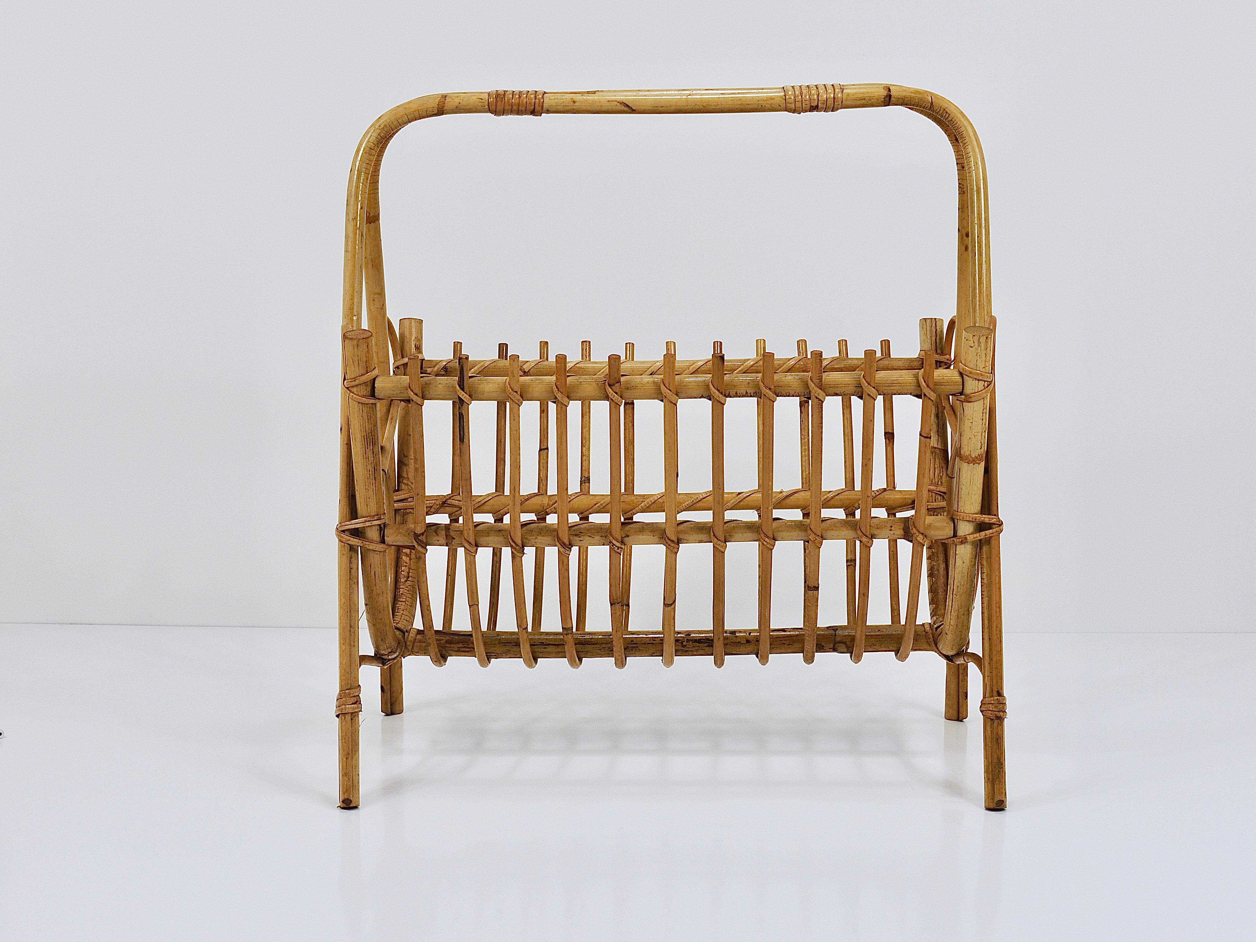 Bamboo and rattan magazine rack in the style of Franco Albini, Italy, 1950s.