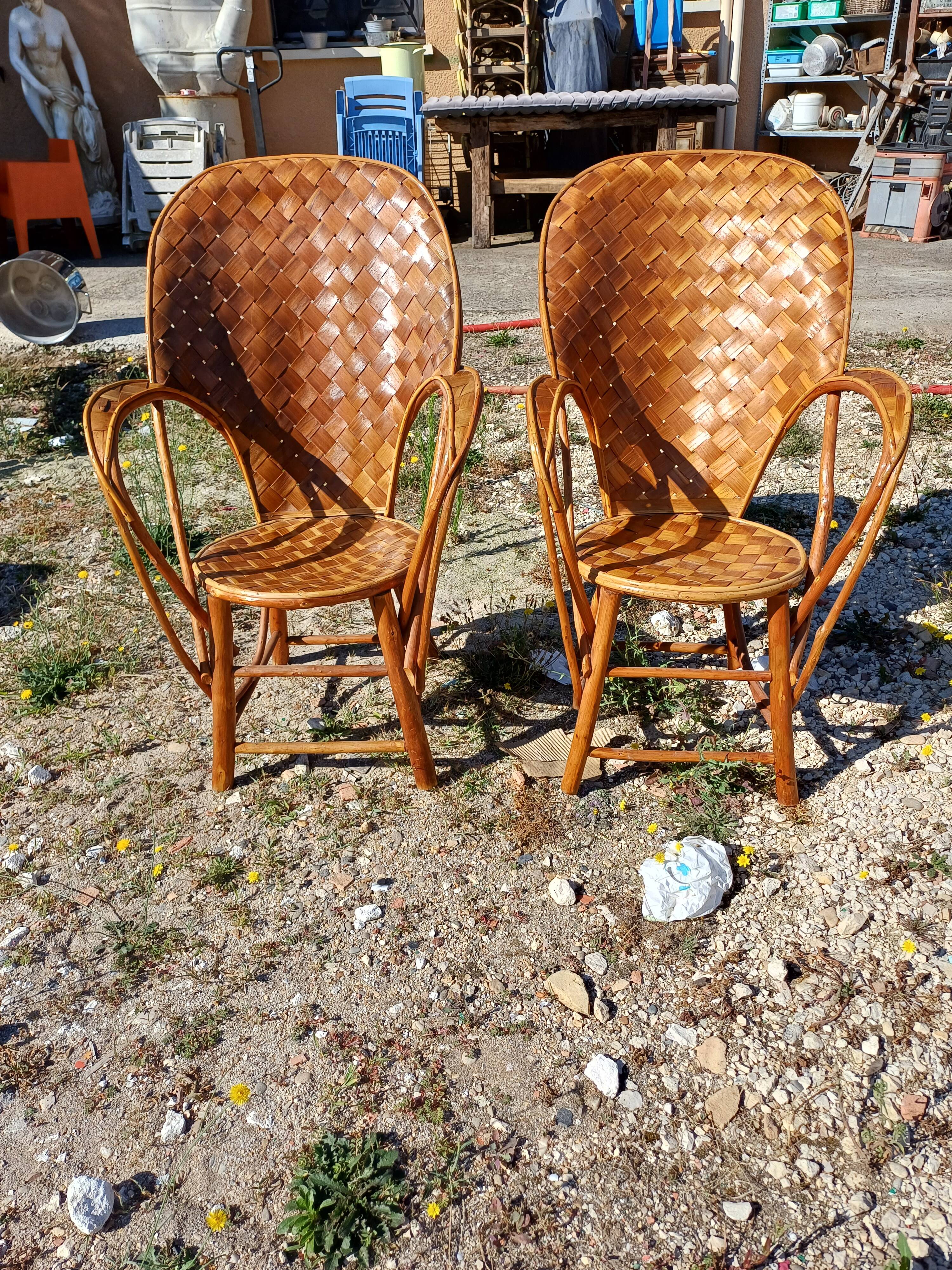 Pair of Vintage Armchairs in Chestnut Slats