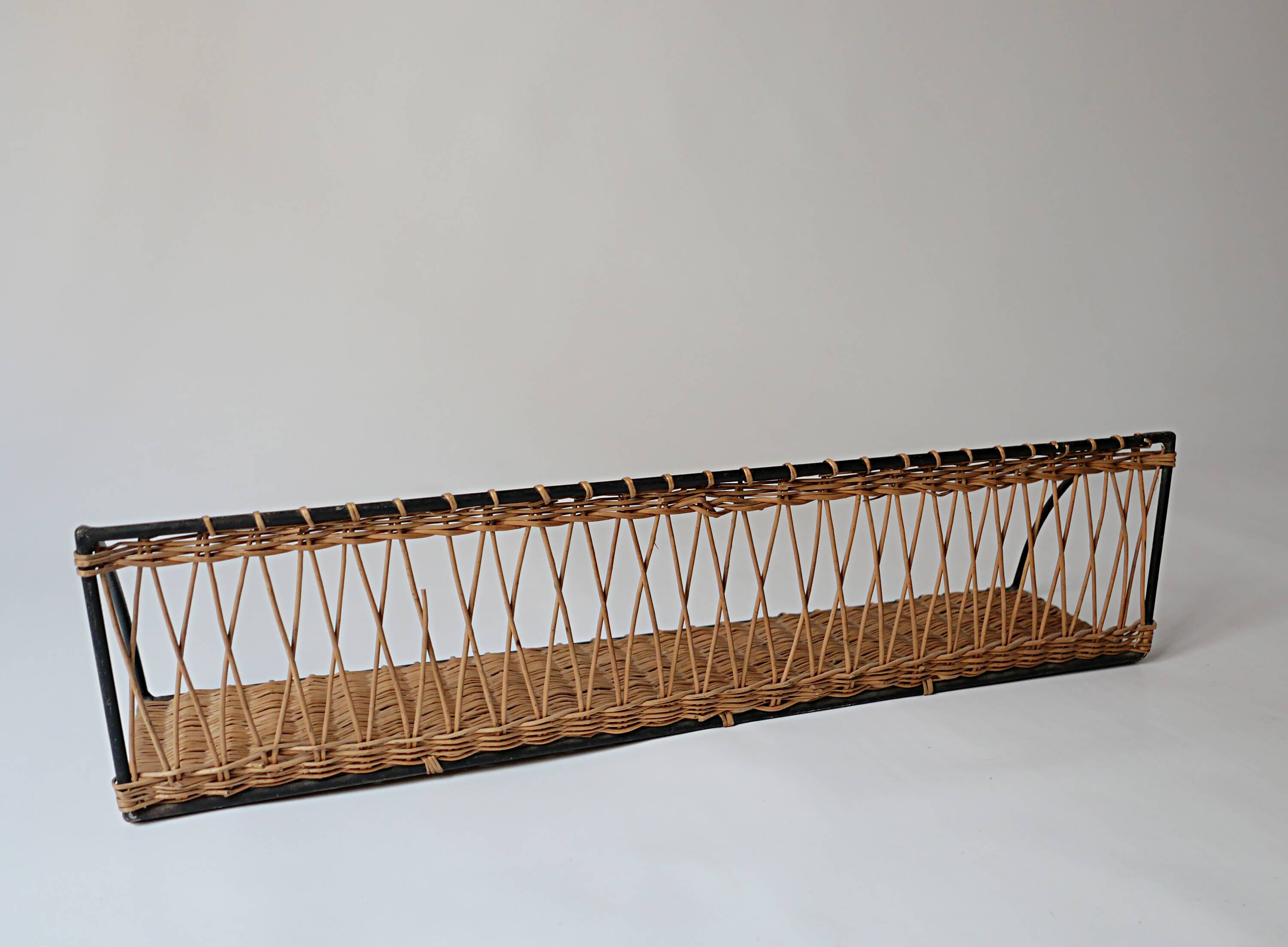 Vintage metal and wicker wall shelf, 1950s-1970s design, Mategot