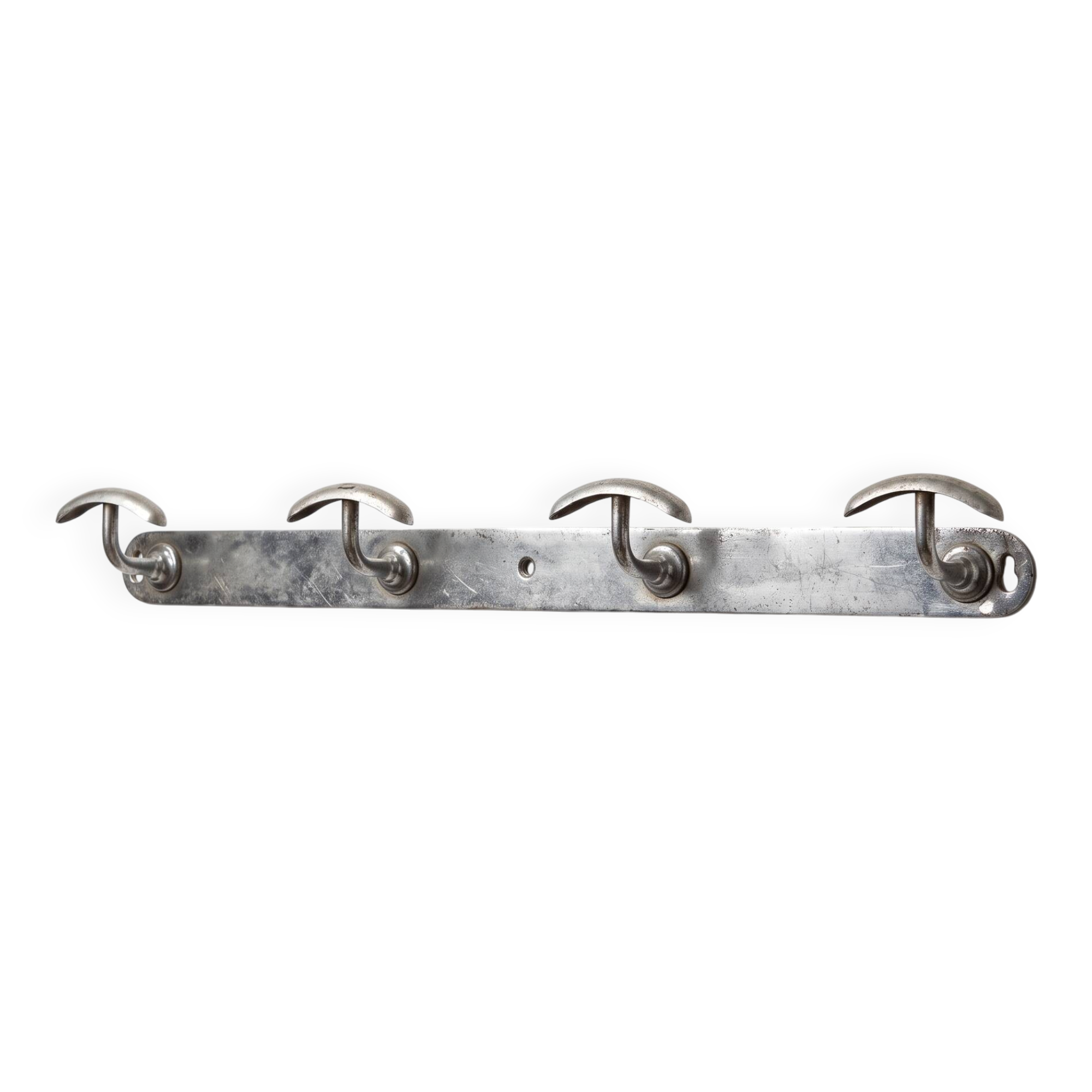 Vintage chrome wall coat rack with 4 hooks, modernist/industrial design.