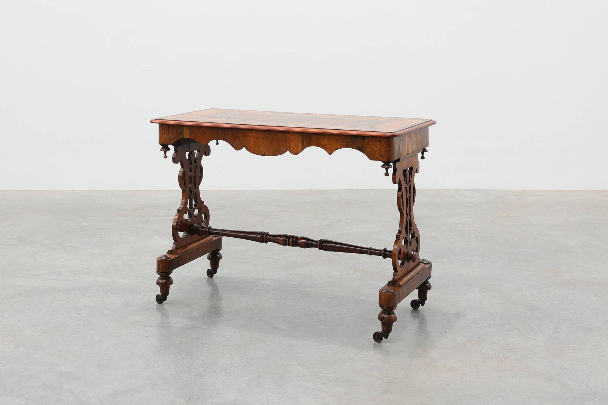 Victorian Walnut Side Table with Inlaid Top and Pierced Scroll Ends, Englan