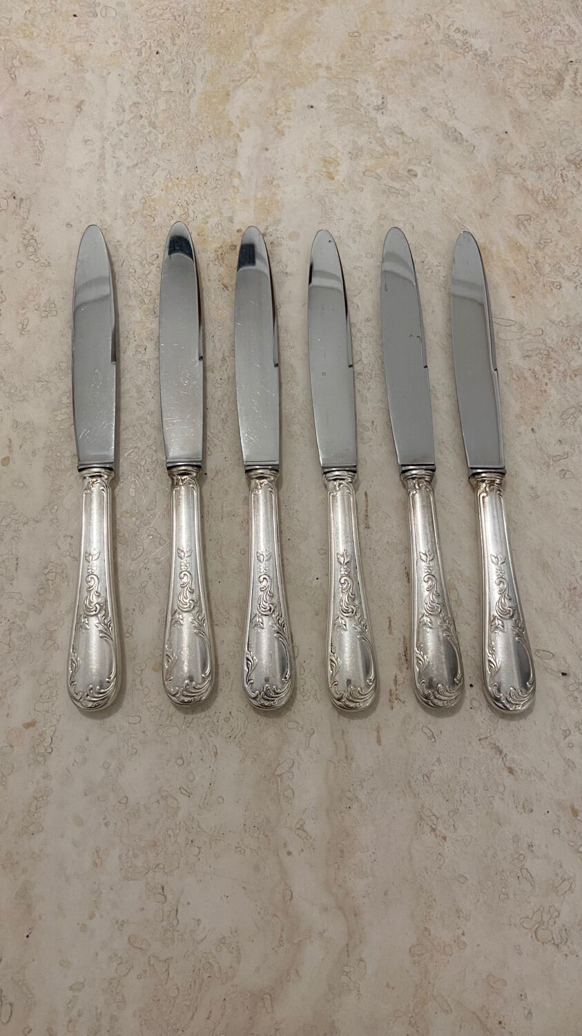 Set of 6 large vintage silver metal knives