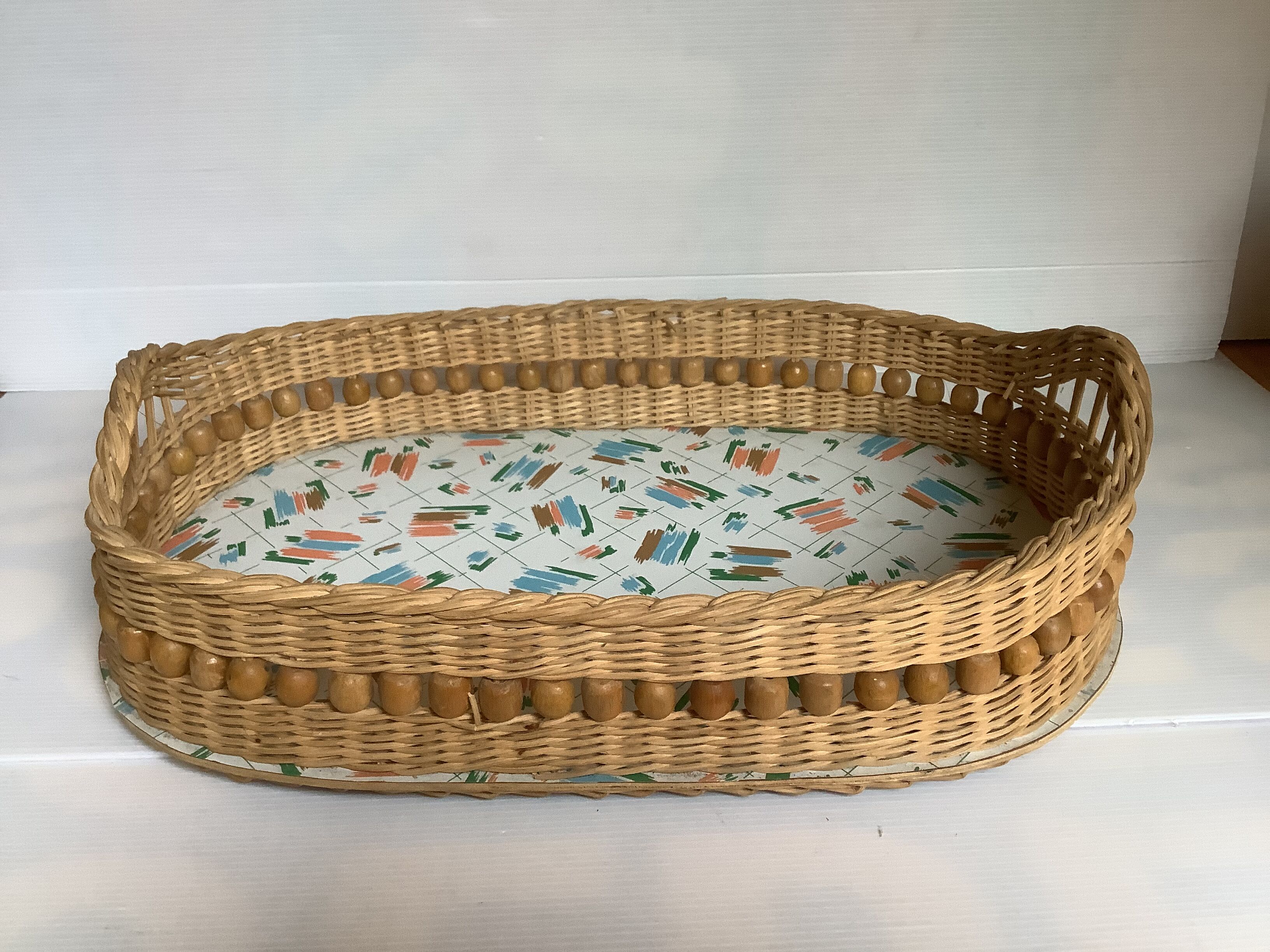 Old basket tray wicker rattan wooden beads