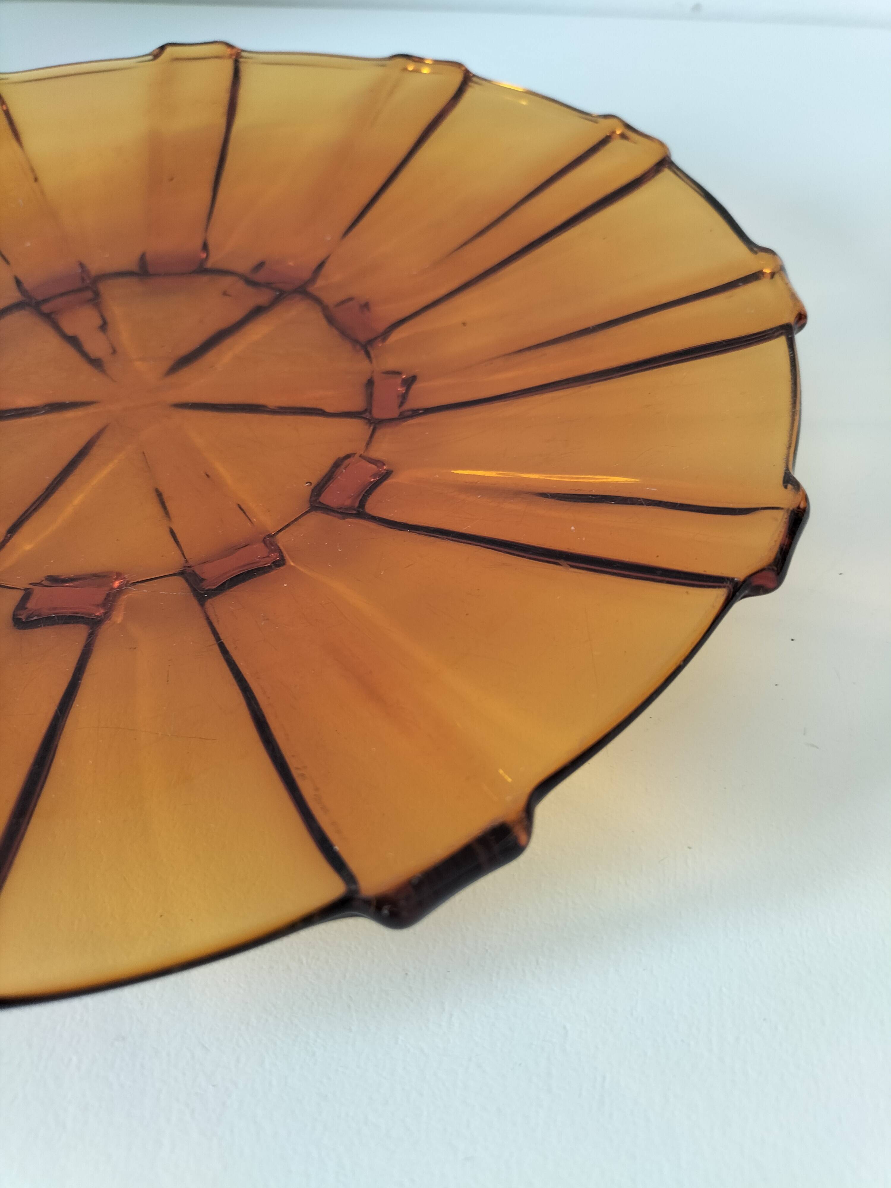 Large amber molded pressed glass dish