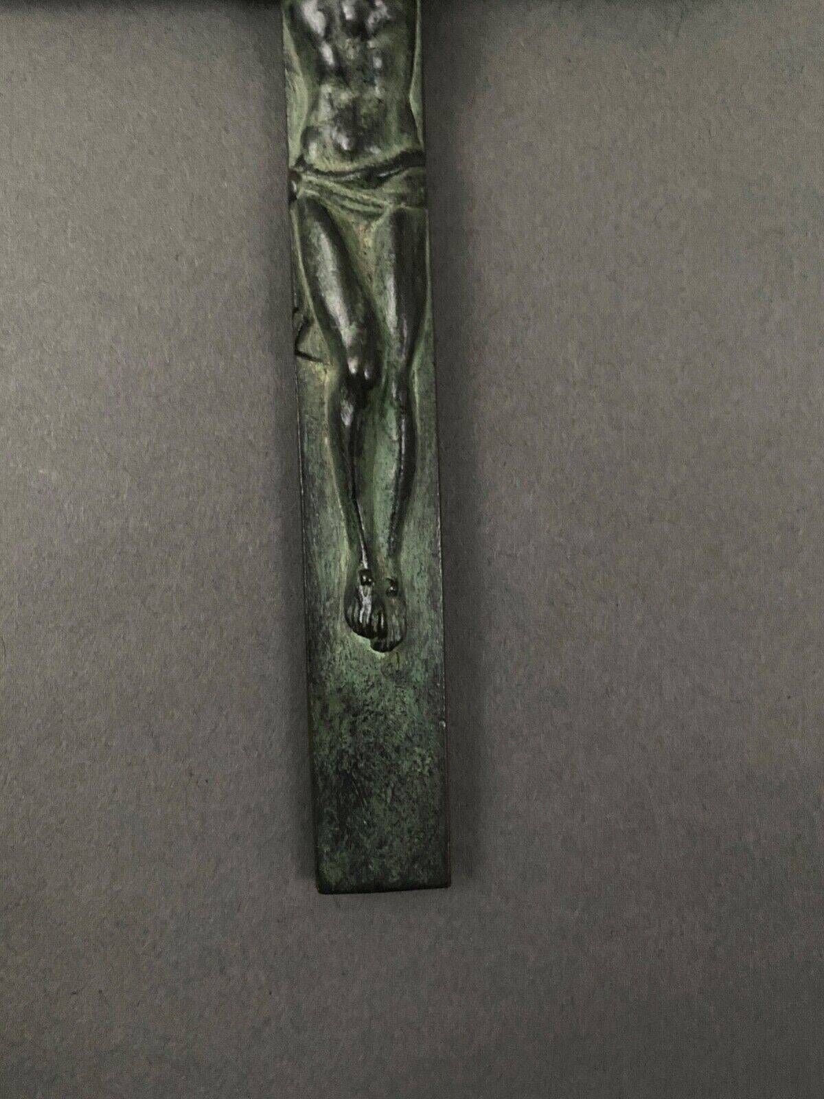20th century bronze crucifix with green patina in the style of the Haute Epoque