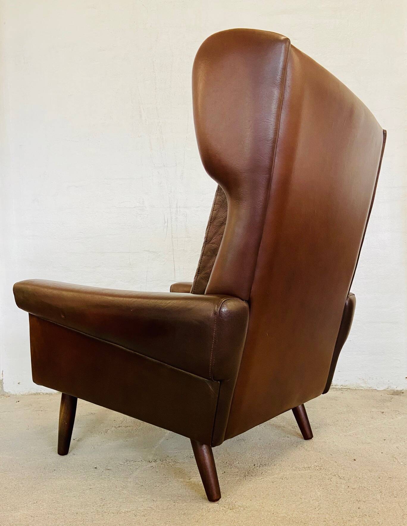 Vintage danish retro mid-century svend skipper cognac leather chair & stool 60s