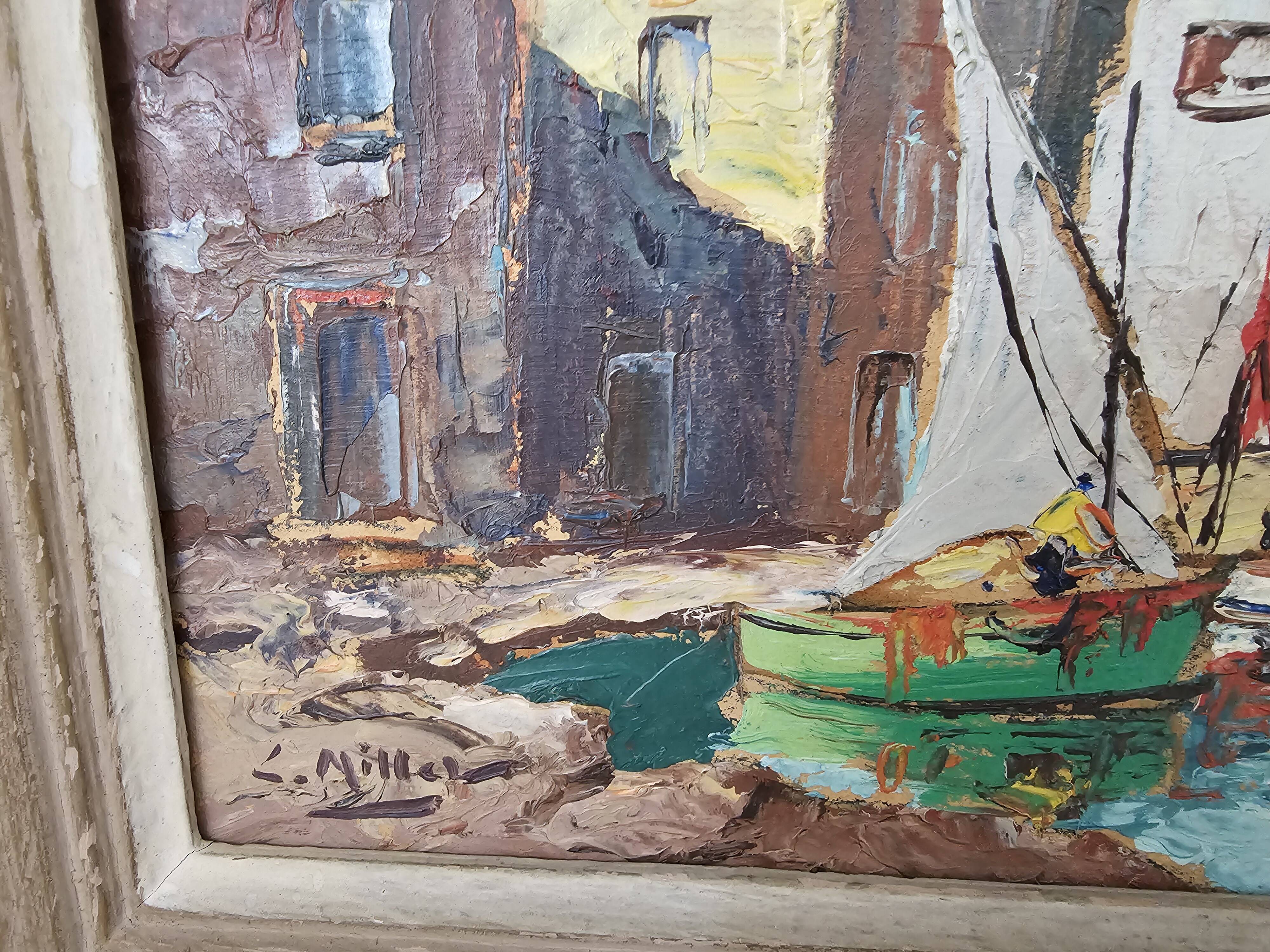 Oil Painting on Cardboard Saint Tropez - La Ponche signed Louis Millet - 60's