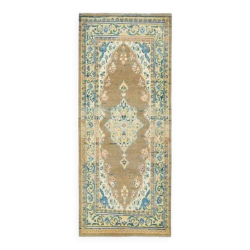 Tapis couloir vintage turc Oushak fait main en laine et coton marron 127x310
