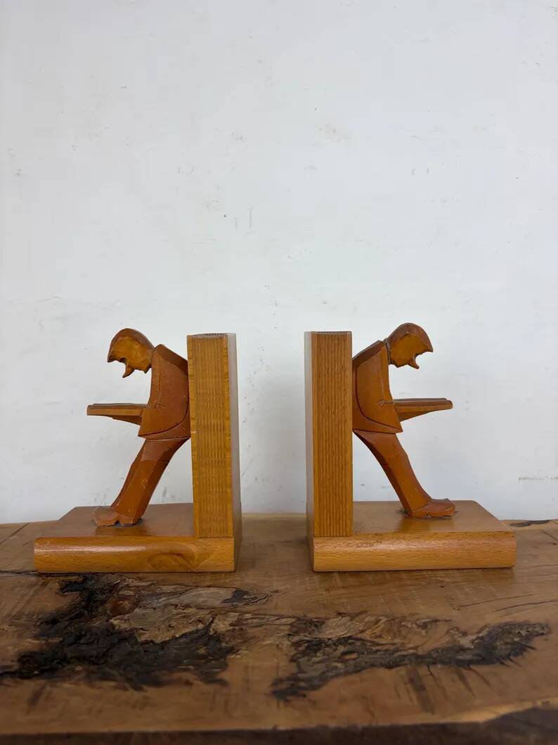 Vintage Mid-Century Cubist German Carved Wood Bookends – Art Deco Style