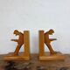 Vintage Mid-Century Cubist German Carved Wood Bookends – Art Deco Style