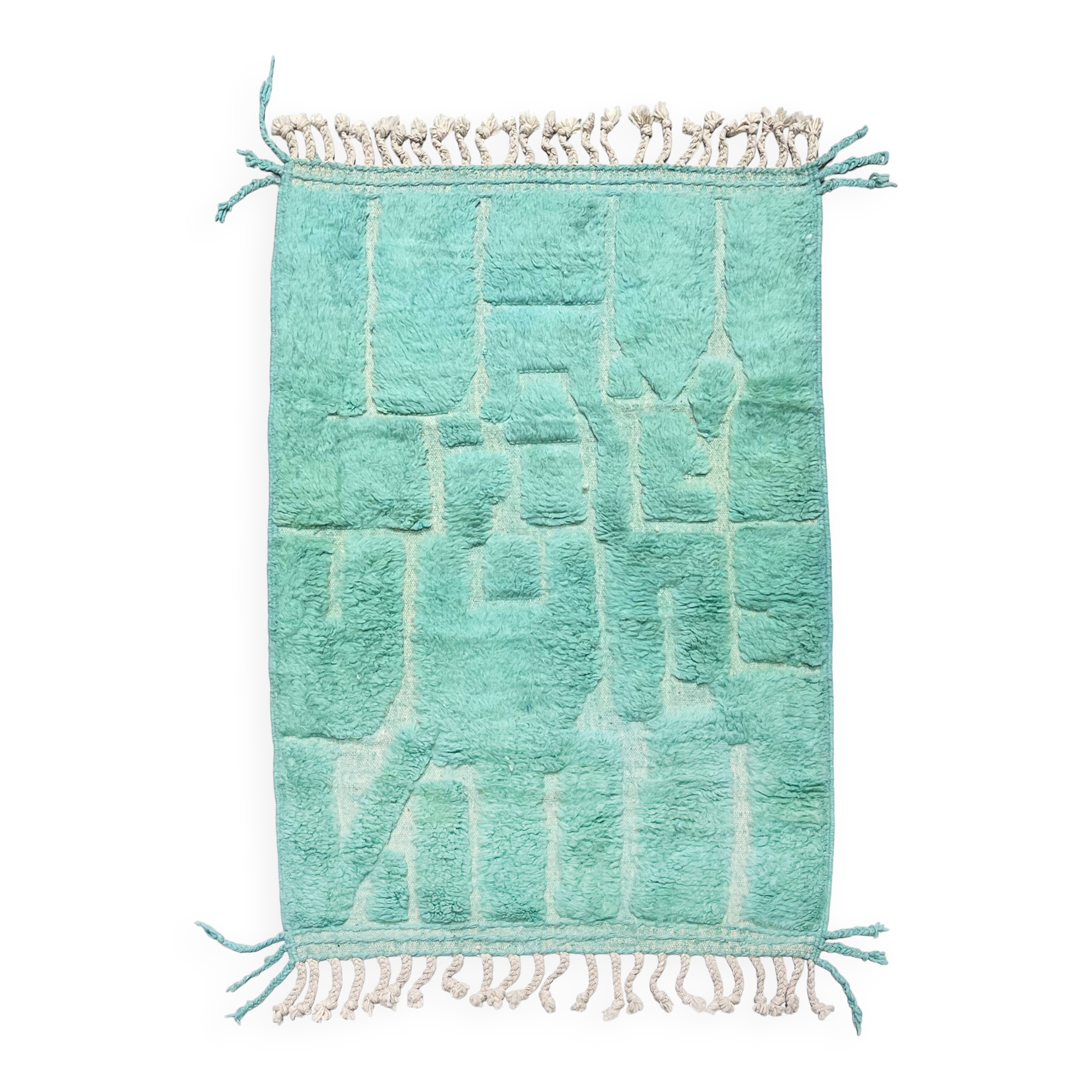 Authentic turquoise Beni Ouarain Berber rug with engraved patterns, 1.58 x 1.07 m