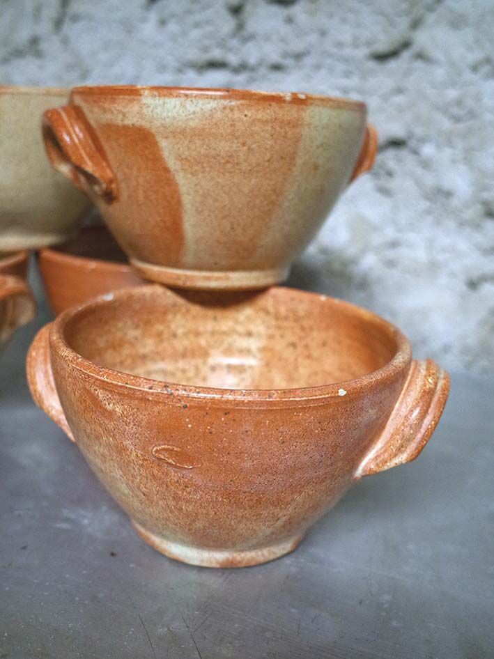 Set of 5 large sandstone bowls signed