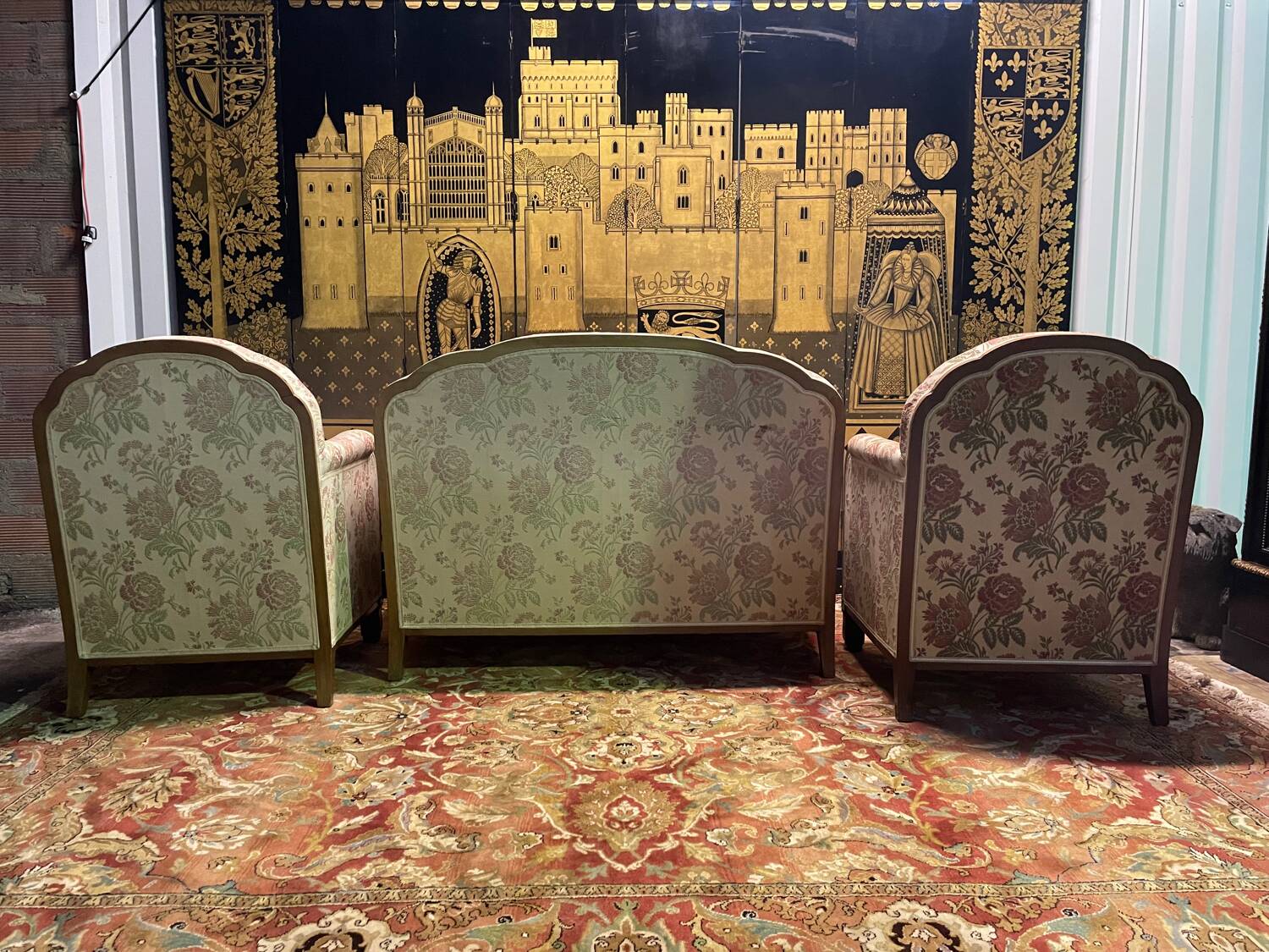 Art Deco period living room sofa and pair of armchairs