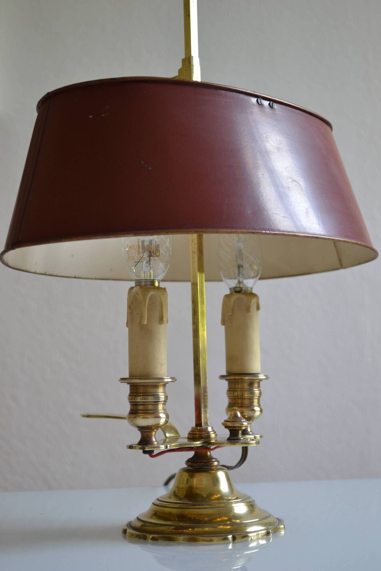 hot water bottle lamp with 2 bronze lights and burgundy sheet metal lampshade