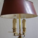 hot water bottle lamp with 2 bronze lights and burgundy sheet metal lampshade