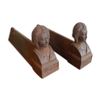 Old pair of andirons cast iron head of marquise Castle fireplace were