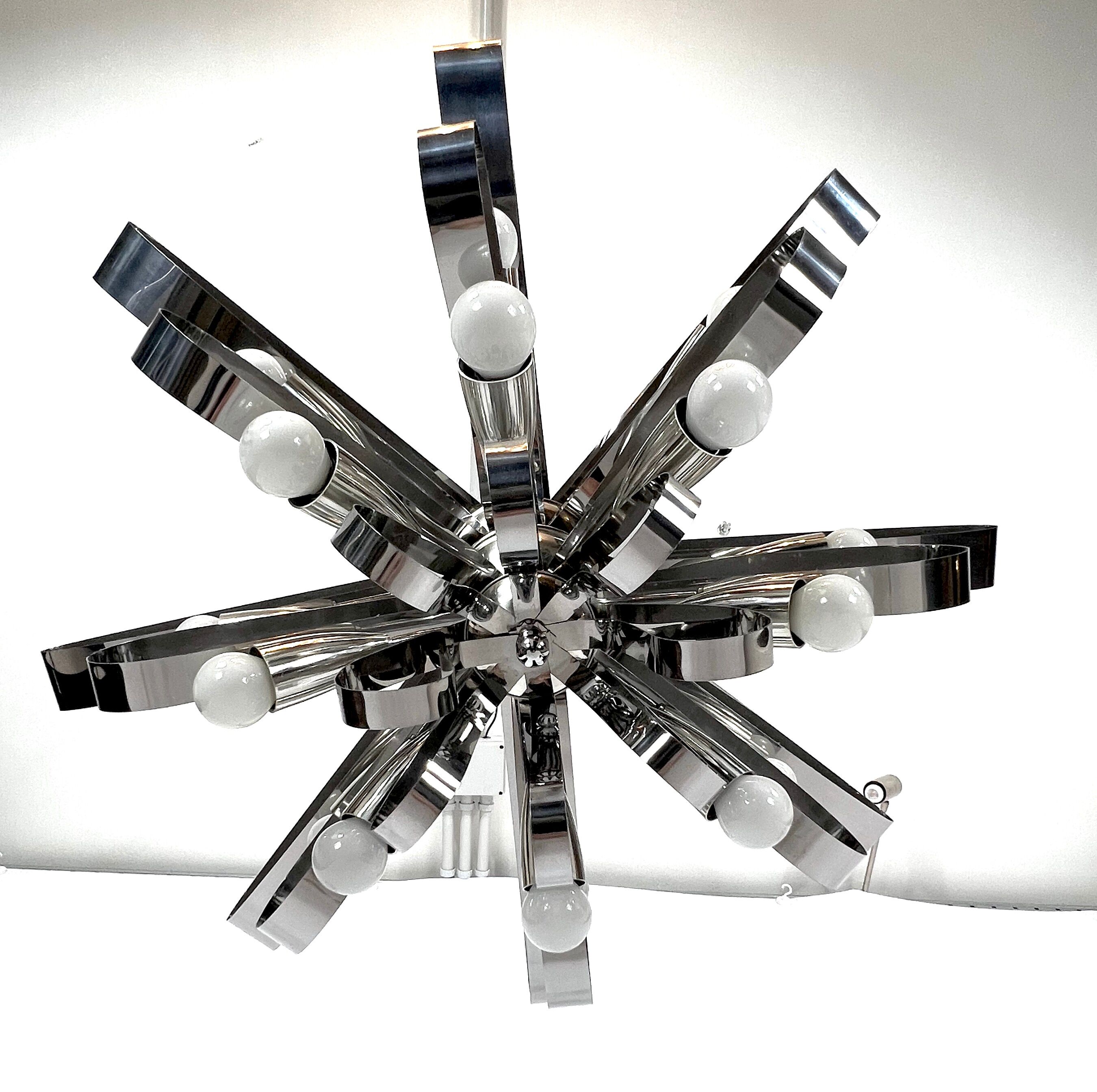 Mid-century pair of Italian chrome chandeliers from 70