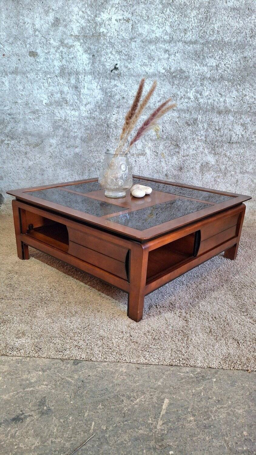 Table basse carrée bois massif plateau avec verre noir 100x100 cm