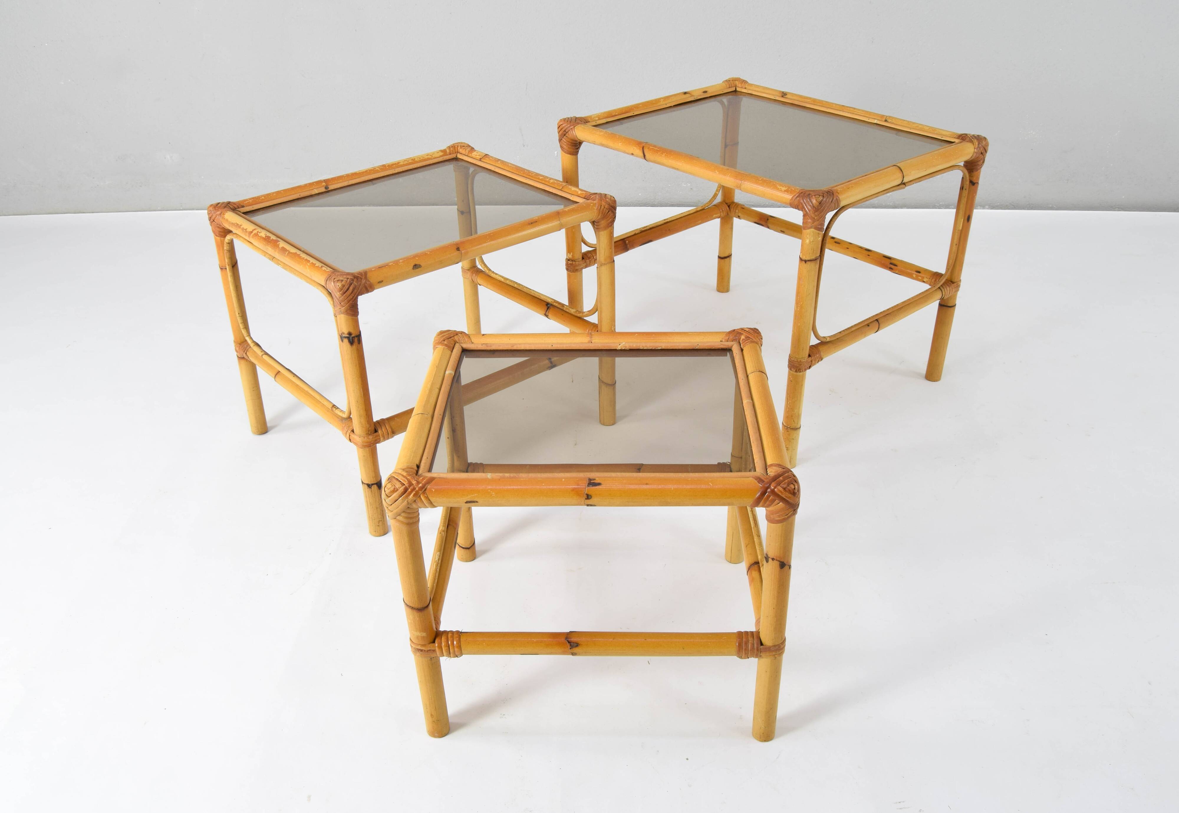 Set of three bamboo and smoked glass nesting tables Spain 70s