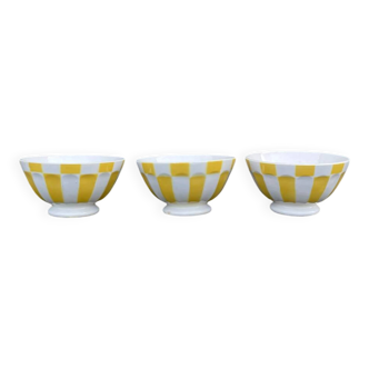 Three large ancient yellow bowls signed digoin france no. 9613